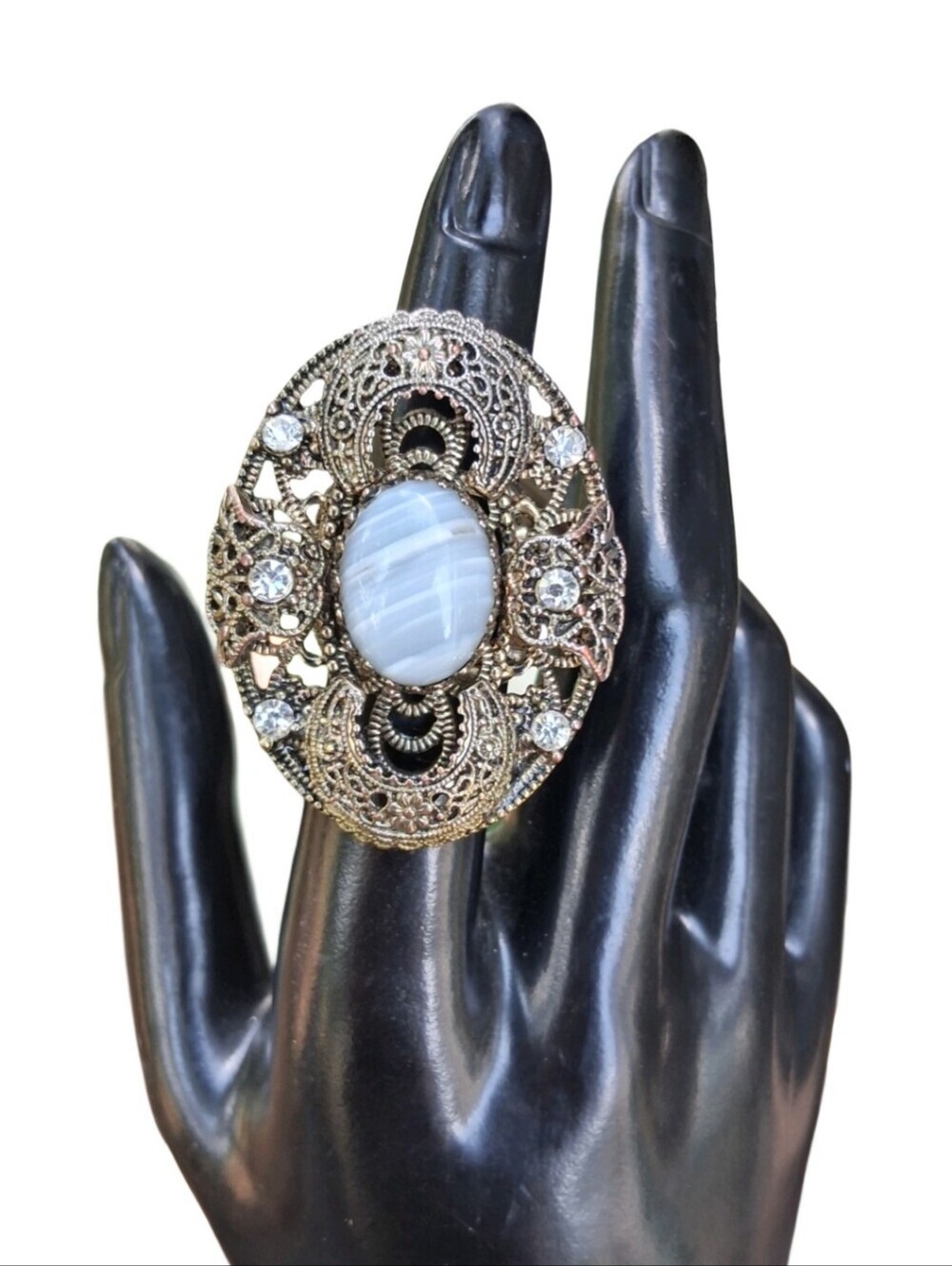 Vintage Antique Silvertone Striped Agate Filigree Statement Ring